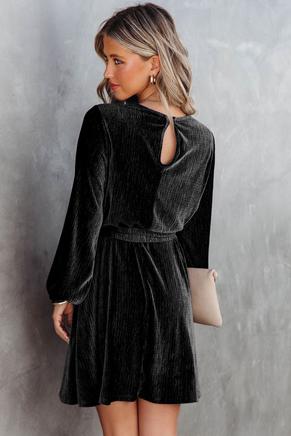Black Crinkle Velvet Tie Waist Mini Dress Dresses JT's Designer Fashion