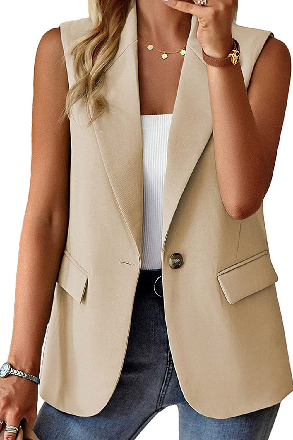 Apricot Single Button Pocketed Lapel Vest Blazer Outerwear JT's Designer Fashion