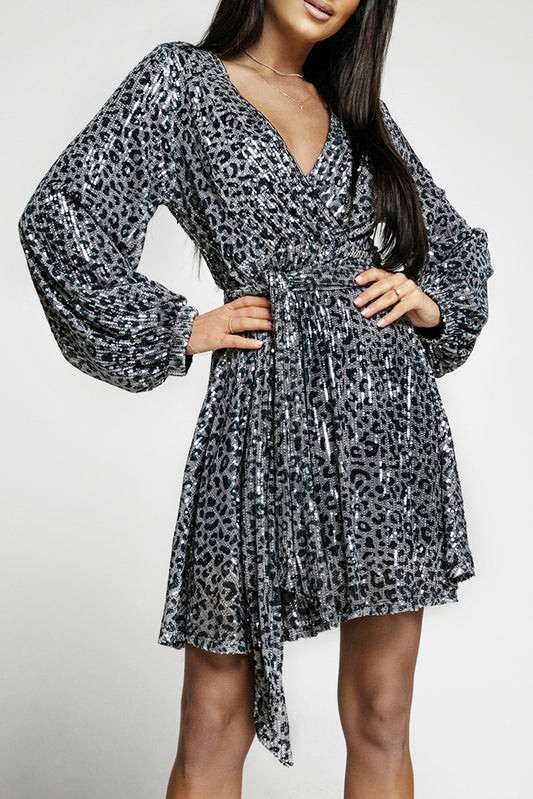 Gray Leopard Sequins V Neck Wrap Dress with Tie Gray 95%Polyester+5%Elastane Sequin Dresses JT's Designer Fashion