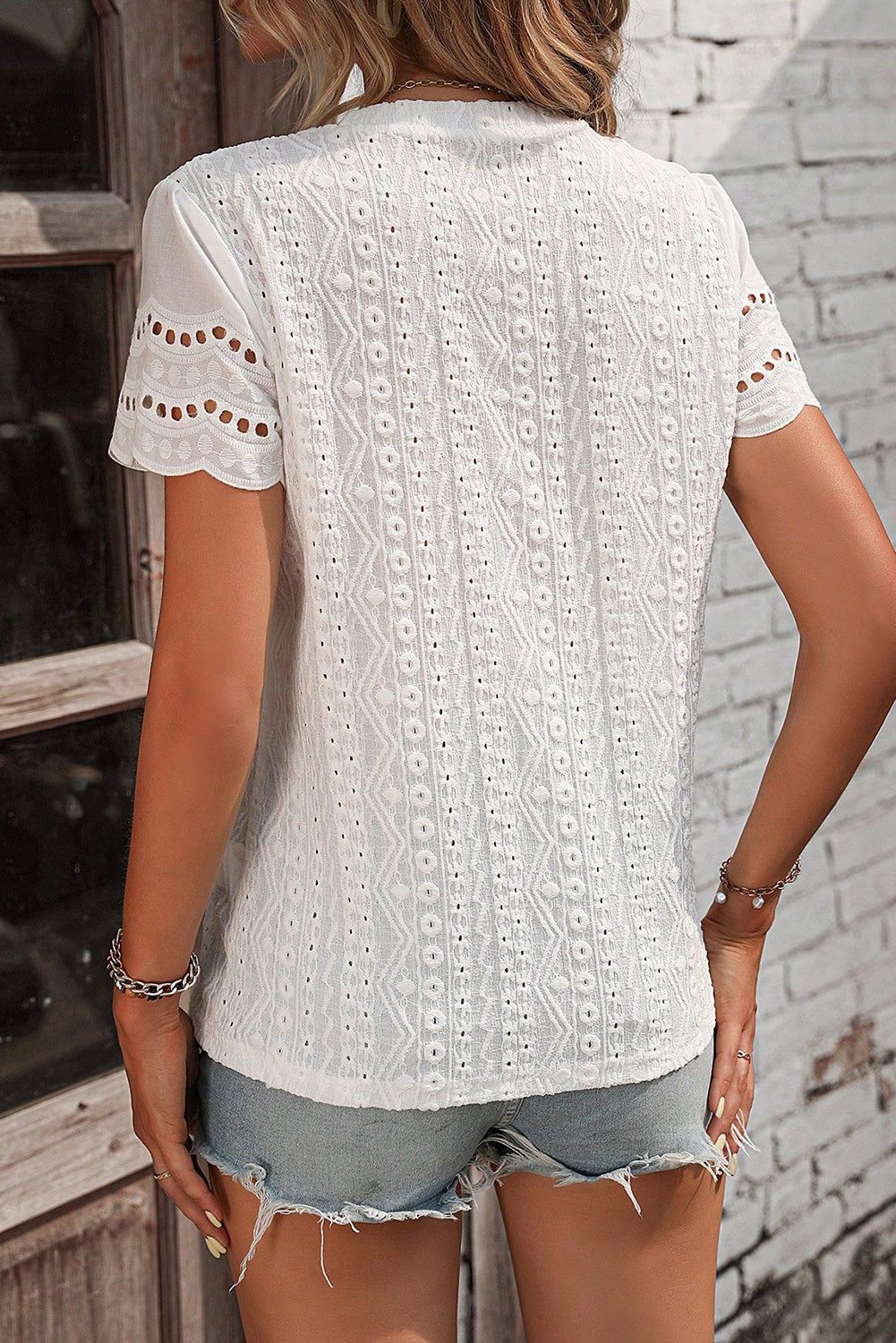 White Eyelet Embroidery Scalloped Short Sleeve Top Tops & Tees JT's Designer Fashion