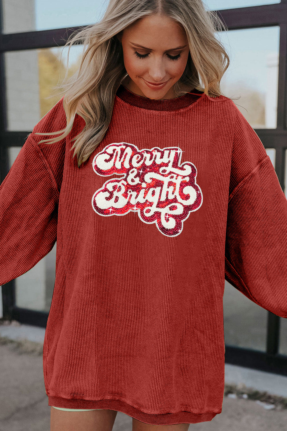 Racing Red Merry & Bright Sequin Ribbed Crew Neck Sweatshirt Graphic Sweatshirts JT's Designer Fashion