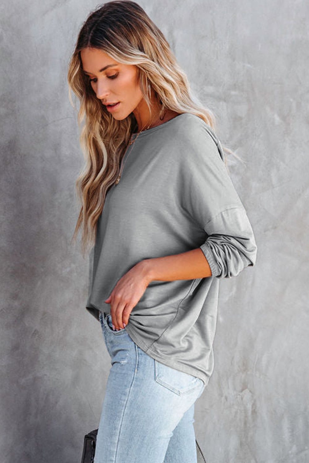 Gray Loose Fit Wide Neck Batwing Sleeves Top Long Sleeve Tops JT's Designer Fashion