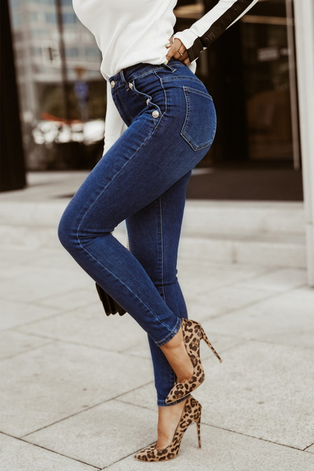 Blue Buttons Pockets High Waist Skinny Jeans Jeans JT's Designer Fashion