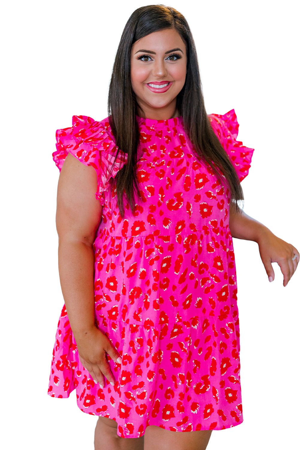 Rose Leopard Print Frilled Sleeveless Plus Size Mini Dress Plus Size Dresses JT's Designer Fashion