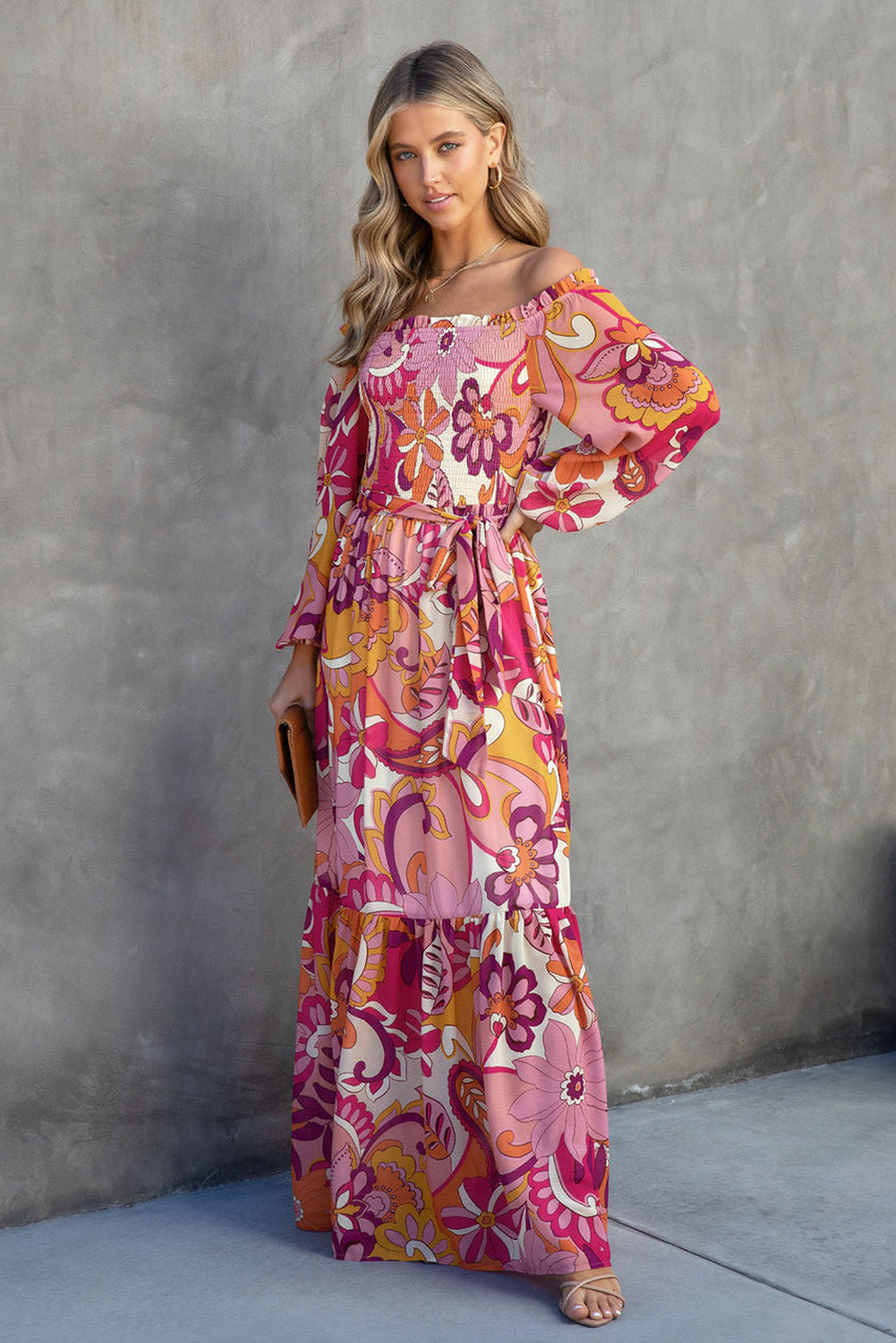 Multicolour Boho Floral Off Shoulder Puff Sleeve Maxi Dress Dresses JT's Designer Fashion