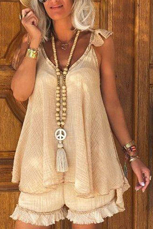 Apricot Crinkle Textured Sleeveless Flowy Top and Shorts Set Bottoms JT's Designer Fashion