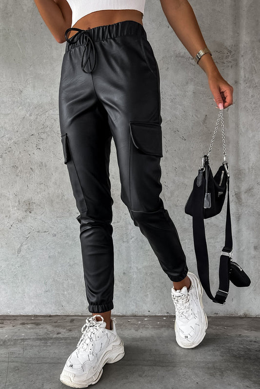Black Leather Drawstring Flap Pocket Skinny Pants Bottoms JT's Designer Fashion