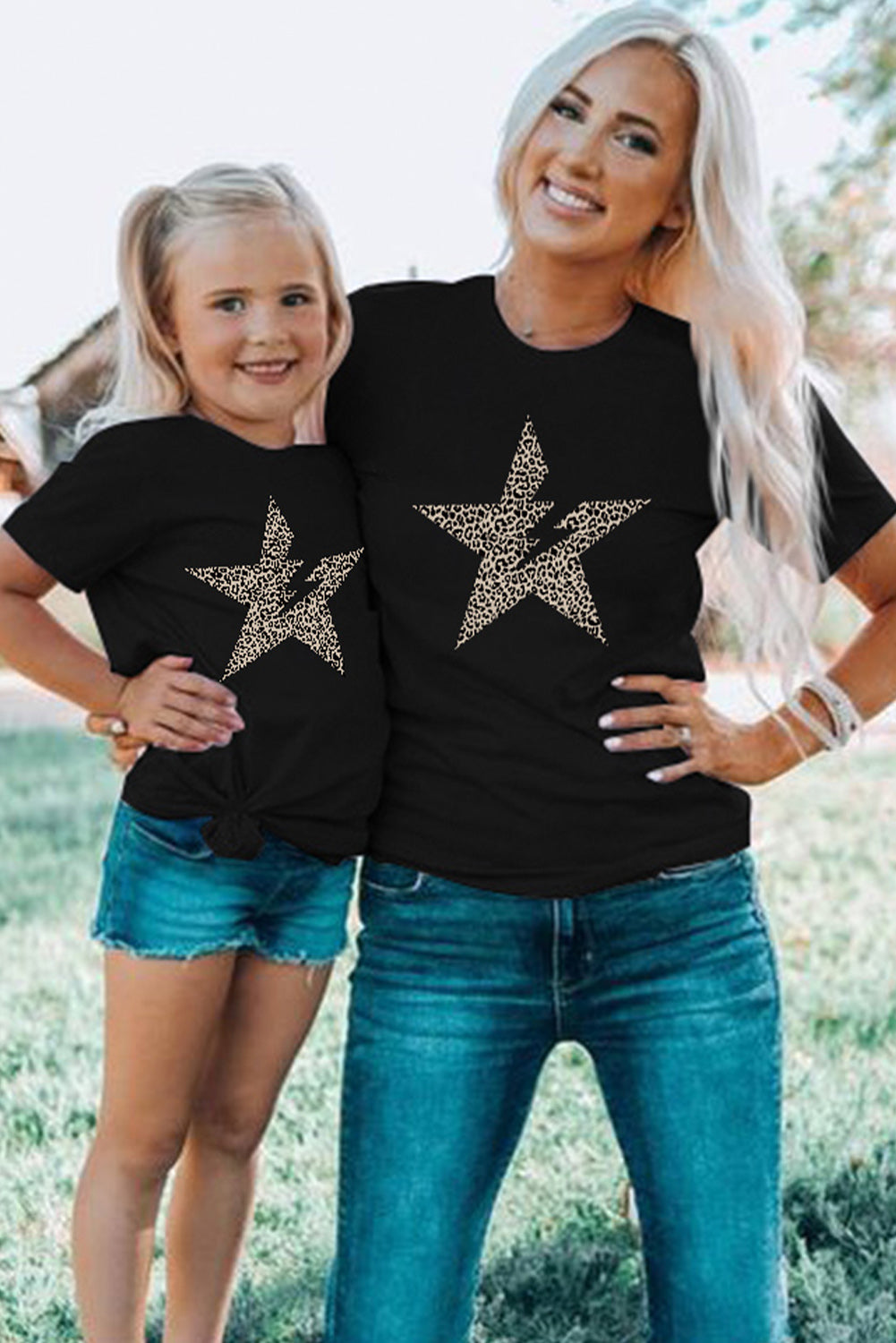 Black Leopard Star Lightning Print Short Sleeve Graphic Tee Family T-shirts JT's Designer Fashion