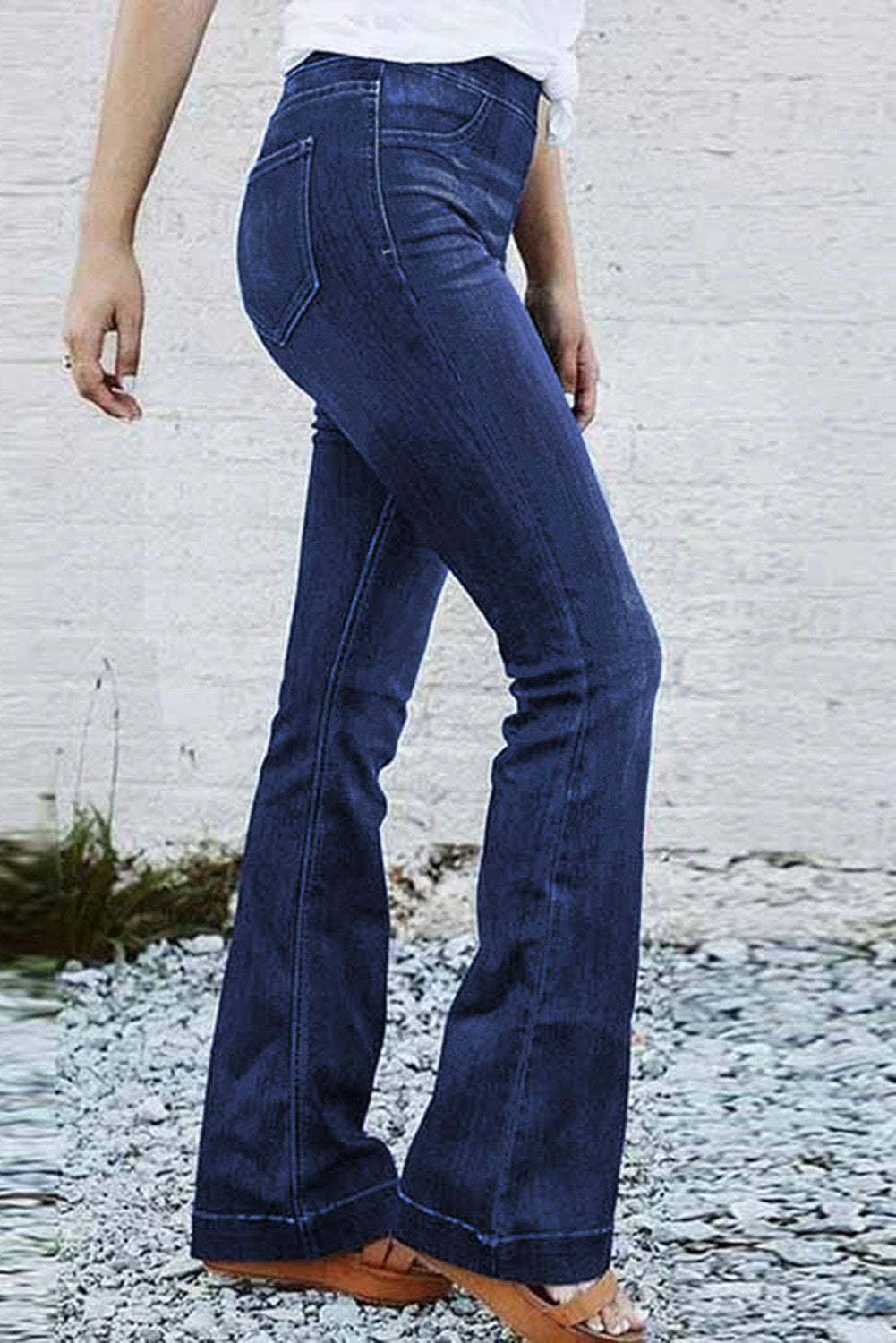 Blue High Rise Elastic Waist Flare Jeans Jeans JT's Designer Fashion