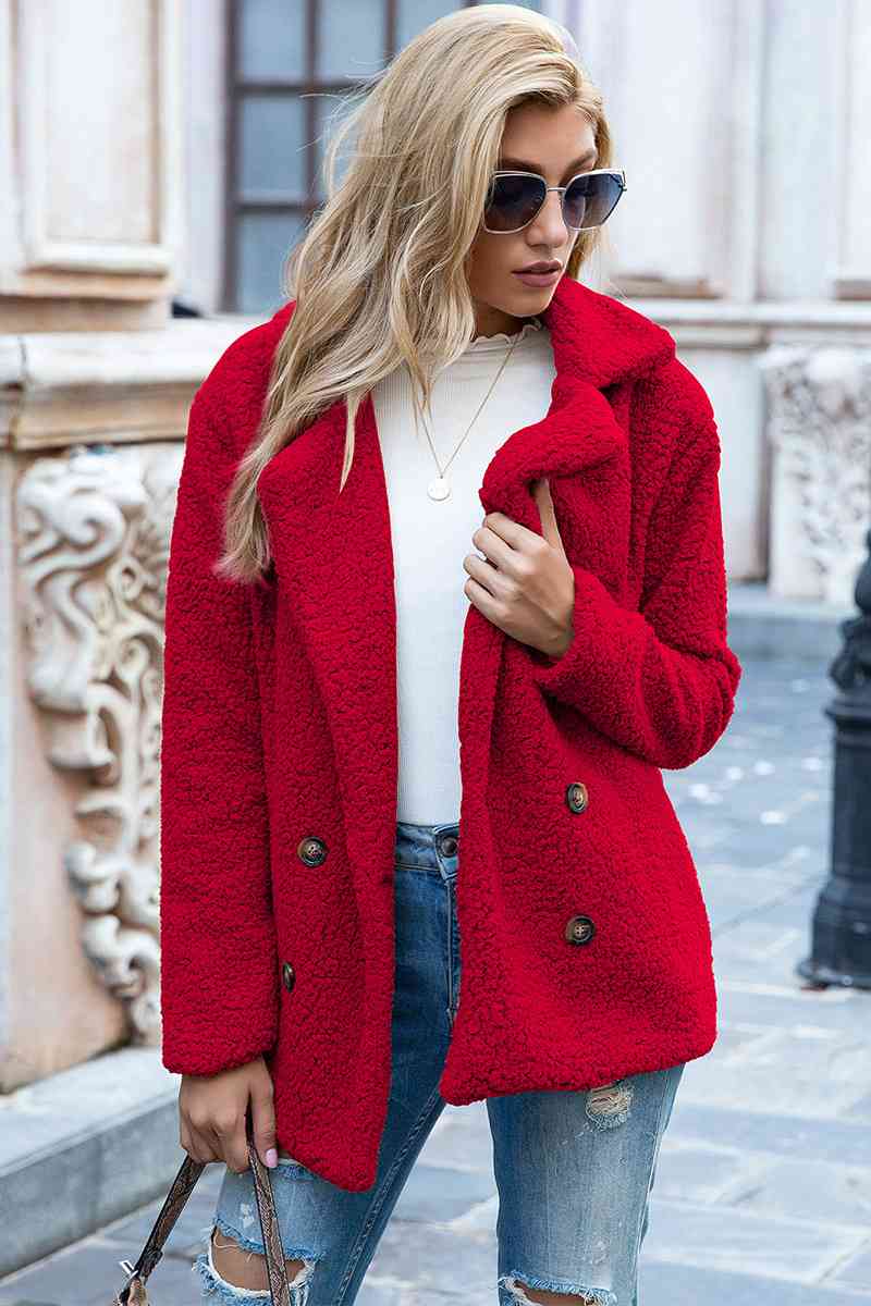 Full Size Lapel Collar Sherpa Coat Deep Red Coats & Jackets JT's Designer Fashion