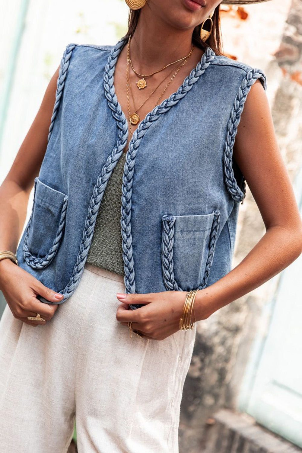 Ashleigh Blue Braided Trim Pocketed Denim Vest Outerwear JT's Designer Fashion