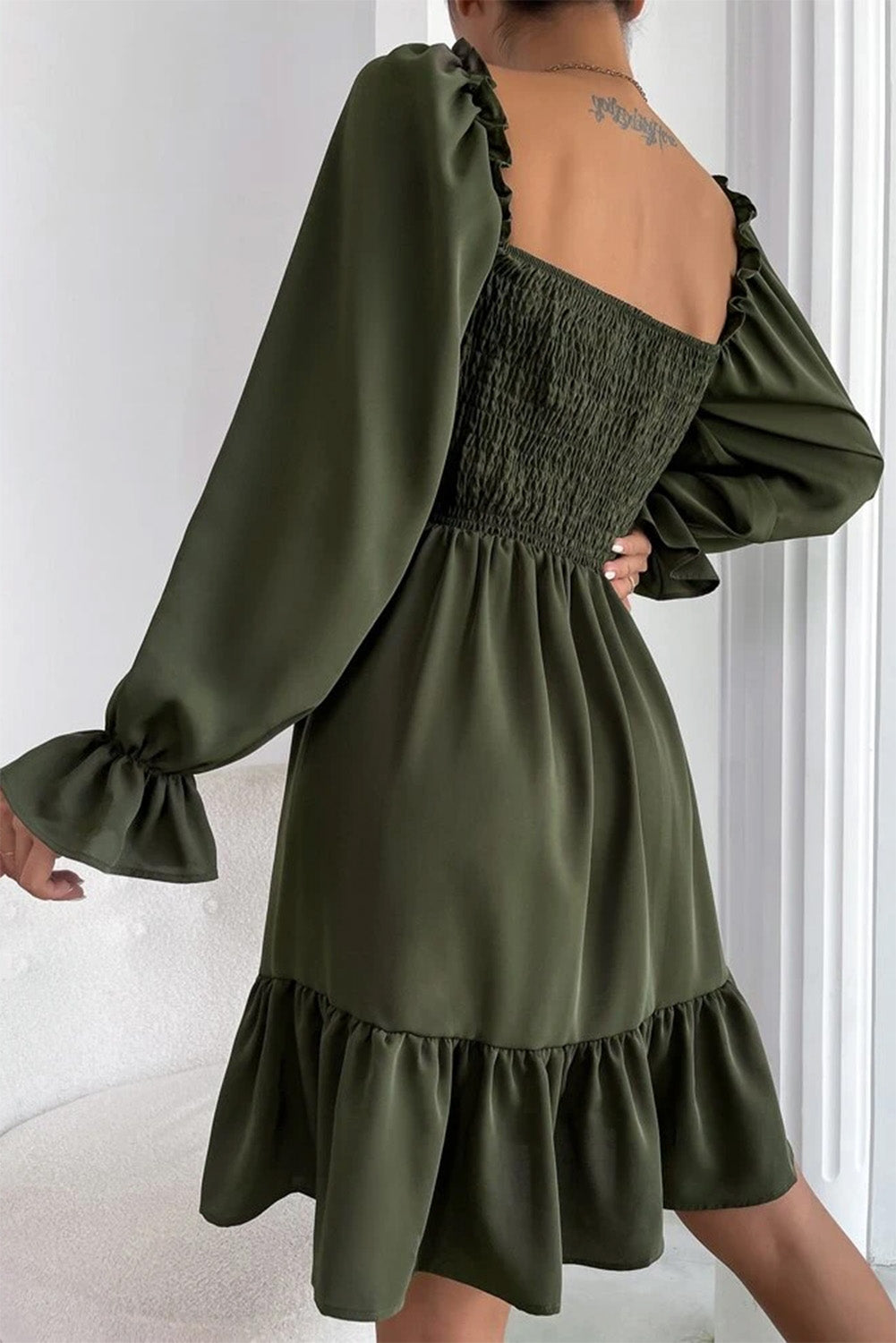 Pickle Green Smocked Puff Sleeve Ruffle Mini Dress Dresses JT's Designer Fashion
