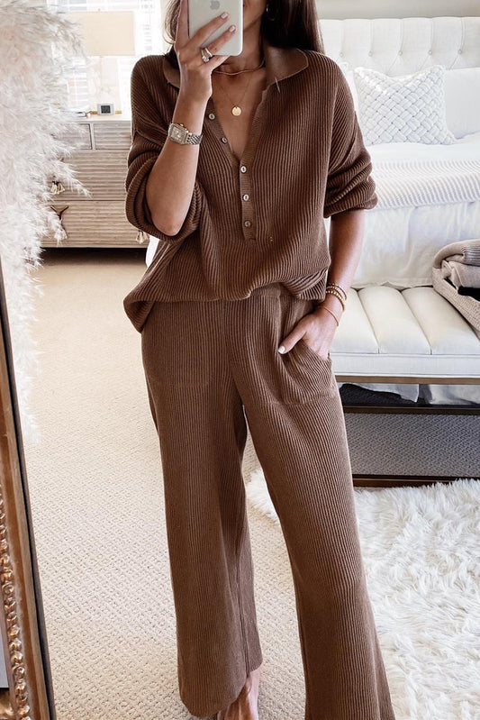 Brown Ribbed Long Sleeve Buttoned Shirt and Pants Lounge Set Loungewear JT's Designer Fashion