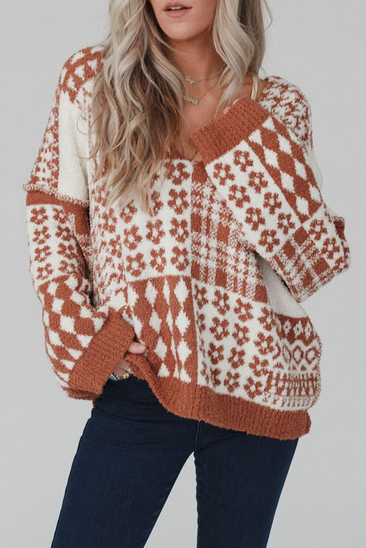 Brown Mix Flower Pattern V-Neck Long Sleeve Sweater Pre Order Sweaters & Cardigans JT's Designer Fashion