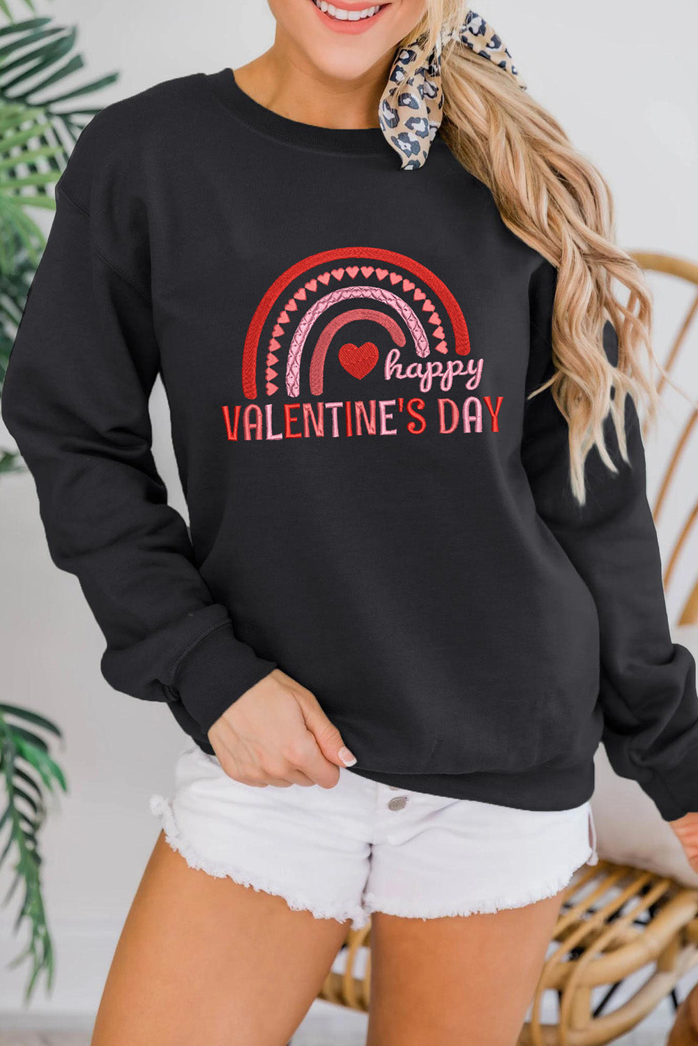Black Happy Valentine's Day Graphic Embroidered Sweatshirt Black 70%Polyester+30%Cotton Graphic Sweatshirts JT's Designer Fashion