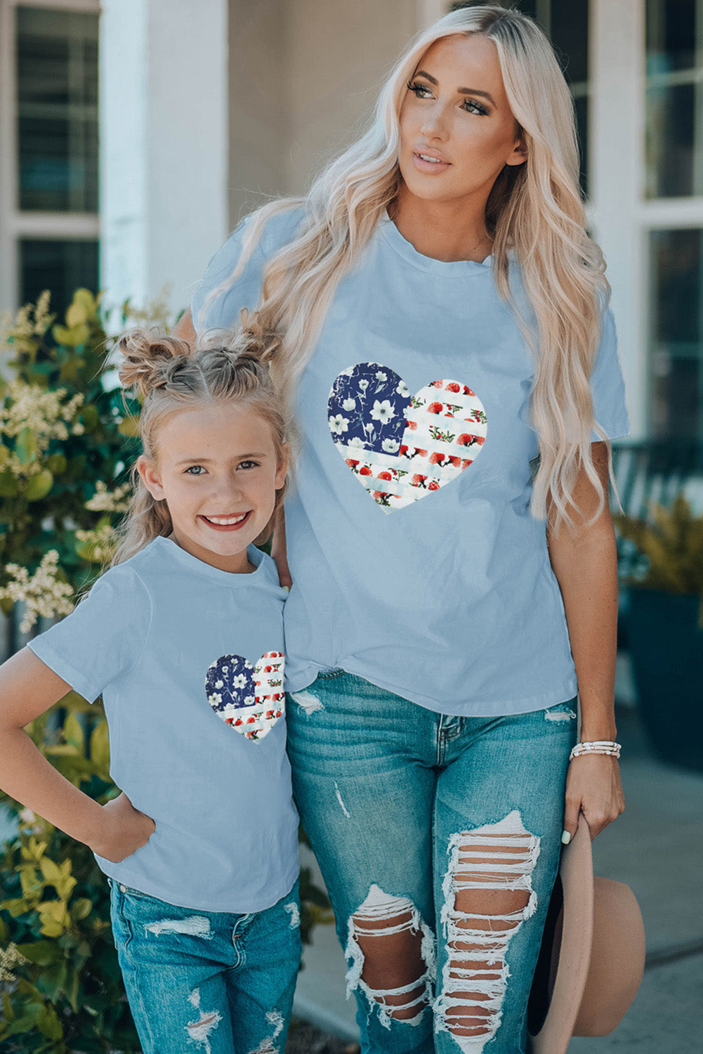 Sky Blue Family Matching American Flag Flower Heart Print Girl's Graphic Tee Family T-shirts JT's Designer Fashion