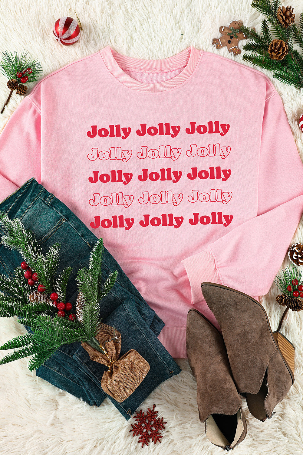Pink Christmas Jolly Letter Print Pullover Sweatshirt Graphic Sweatshirts JT's Designer Fashion
