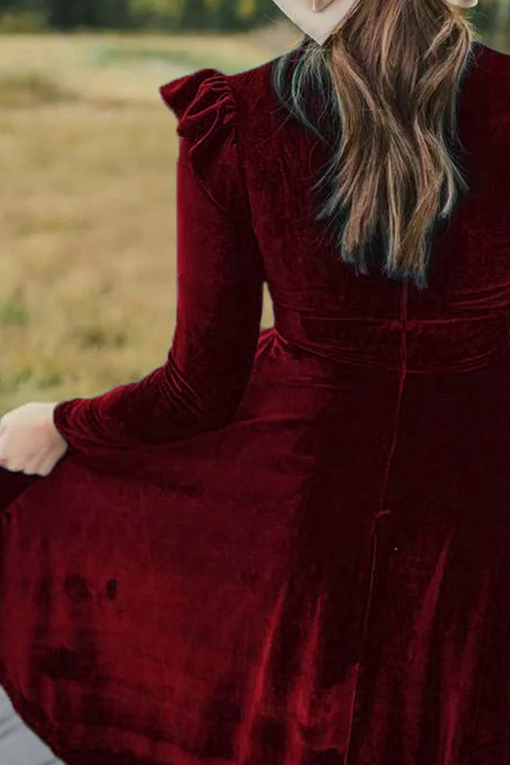 Red Frill Trim Long Sleeve Stand Neck Velvet Dress Dresses JT's Designer Fashion