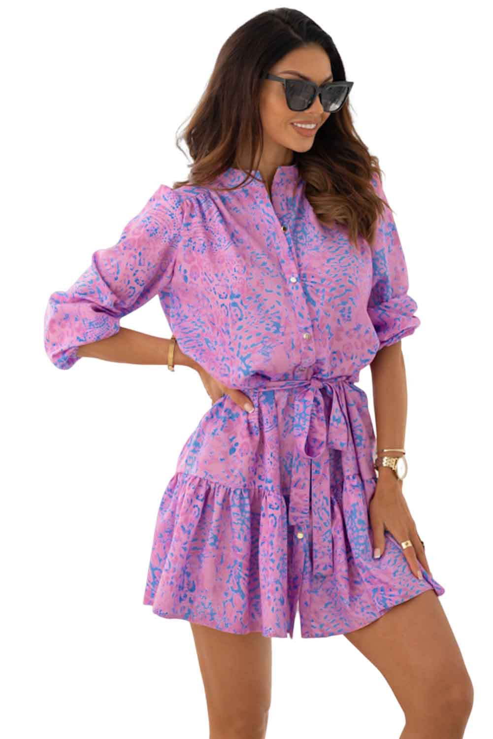 Purple Leopard Print Long Sleeve Shirt Dress Dresses JT's Designer Fashion