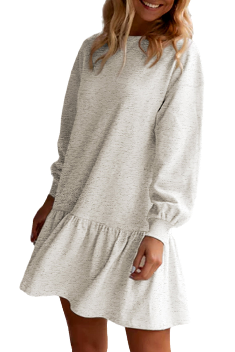 White Solid Color Puff Sleeve Ruffle Hem Mini Dress Mini Dresses JT's Designer Fashion