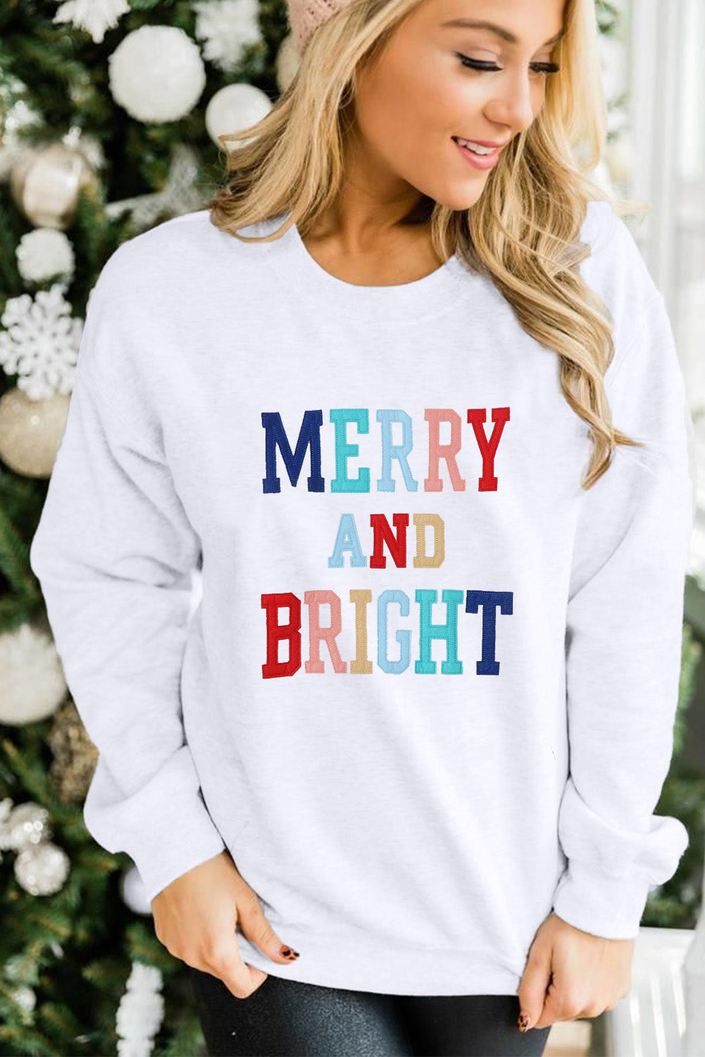 White MERRY AND BRIGHT Stitching Graphic Sweatshirt Graphic Sweatshirts JT's Designer Fashion