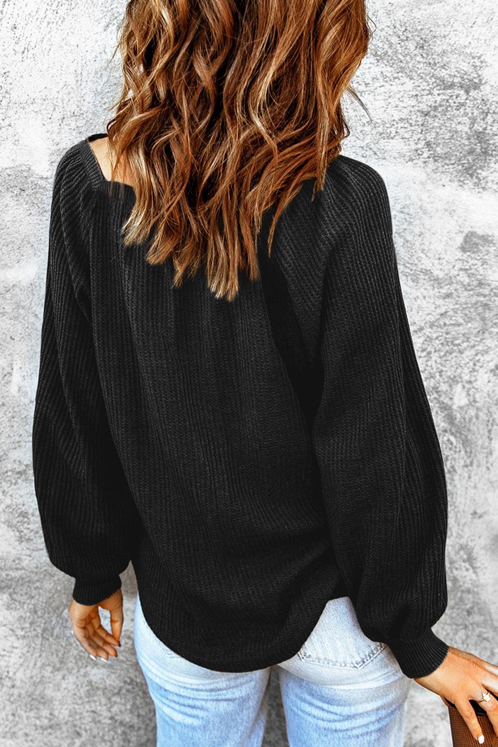 Black Scoop Neck Puff Sleeve Waffle Knit Top Long Sleeve Tops JT's Designer Fashion