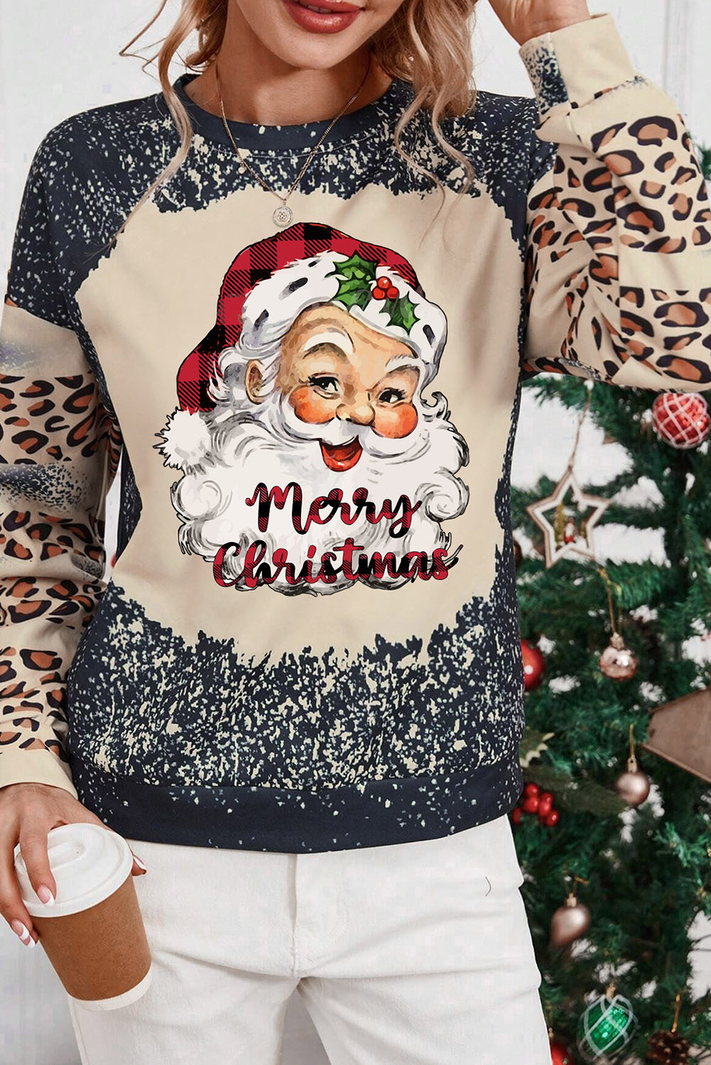 Black Christmas Santa Claus Leopard Print Bleached Sweatshirt Graphic Sweatshirts JT's Designer Fashion