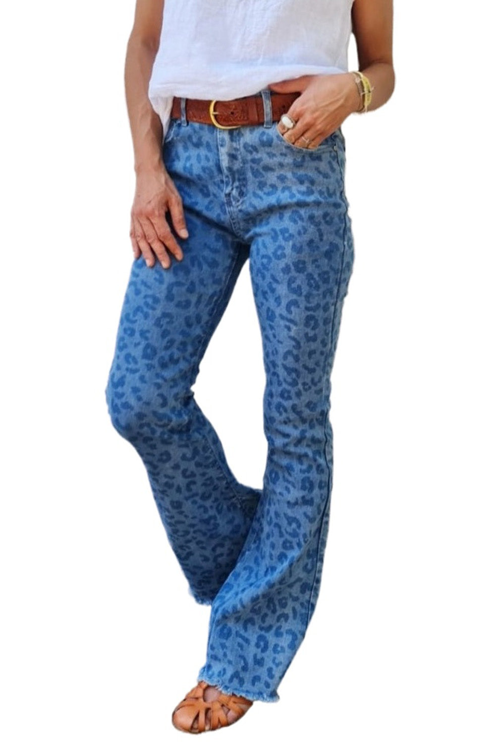 Sky Blue Leopard Print Raw Hem High Waist Flare Jeans Jeans JT's Designer Fashion