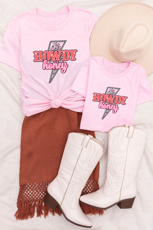 Pink Family Matching HOWDY Honey Lightning Print Graphic T Shirt Pink 95%Cotton+5%Elastane Family T-shirts JT's Designer Fashion