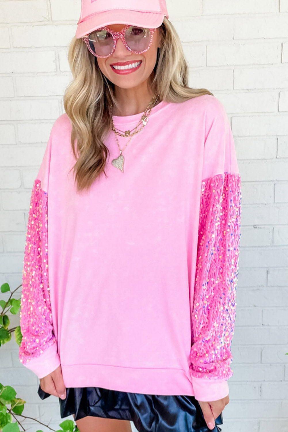 Pink Sequin Long Sleeve Crewneck Top Sweatshirts & Hoodies JT's Designer Fashion