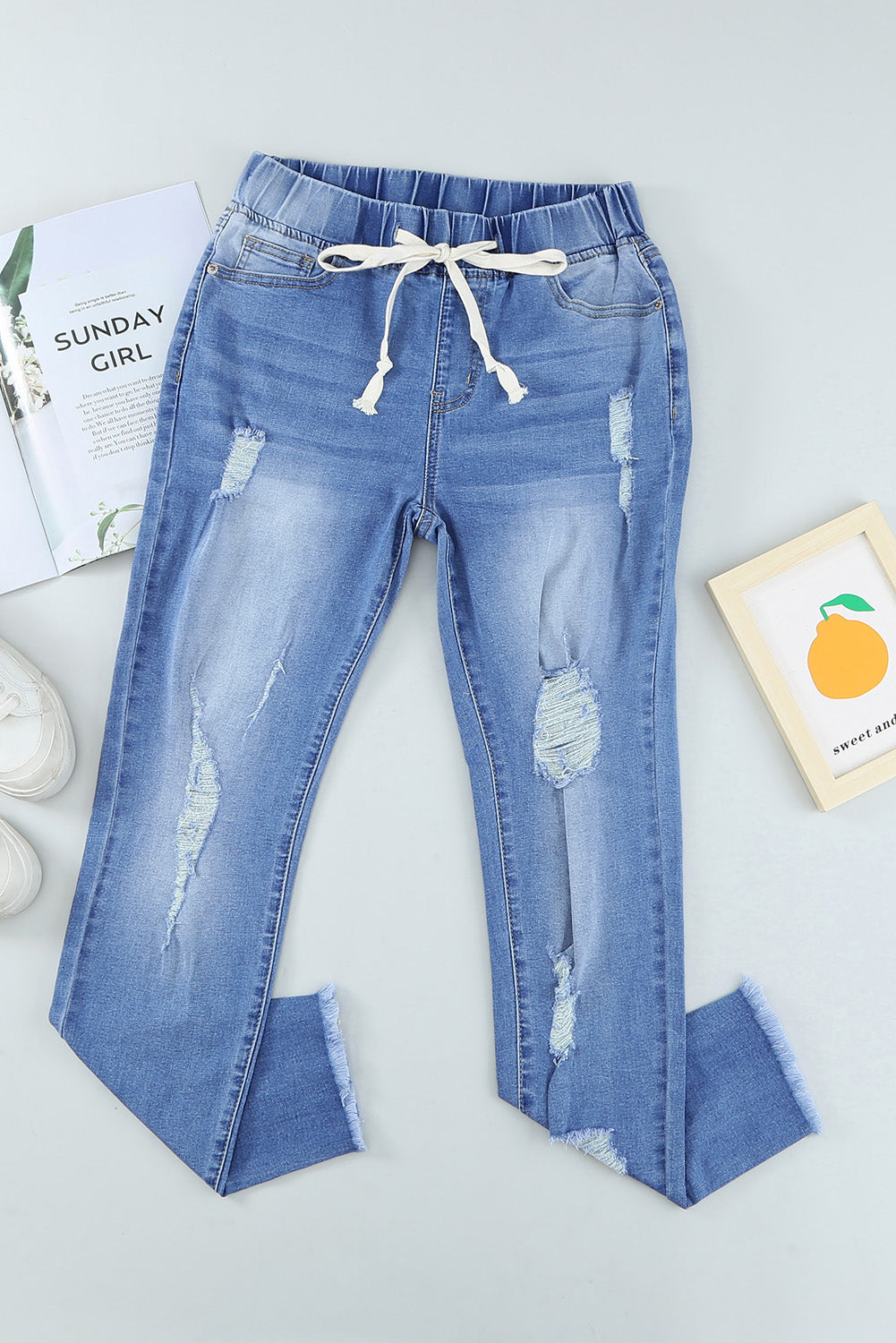 Sky Blue Drawstring Elastic Waist Hole Ripped Jeans Jeans JT's Designer Fashion