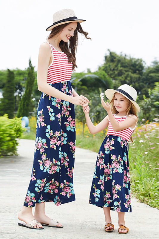 Girls Striped Floral Sleeveless Dress Floral Skirts JT's Designer Fashion