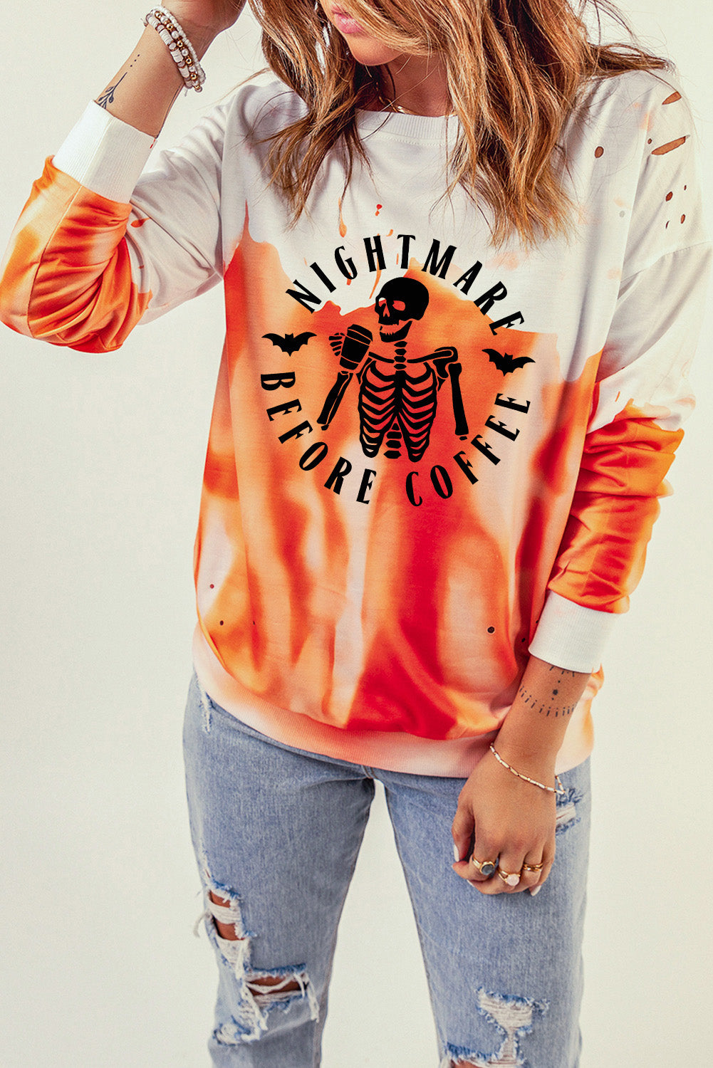 Orange Skeleton Slogan Tie Dye Print Distressed Sweatshirt Graphic Sweatshirts JT's Designer Fashion