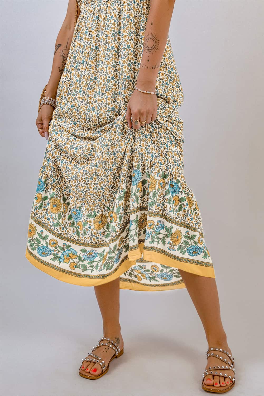 Apricot Floral Print Smocked Back Sleeveless Maxi Dress Maxi Dresses JT's Designer Fashion