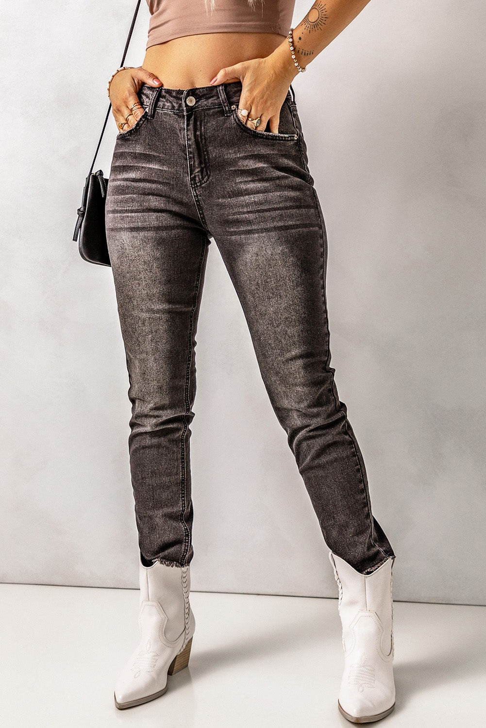 Black High Waist Ankle-Length Skinny Jeans Black 72%Cotton+26%Polyester+2%Elastane Jeans JT's Designer Fashion