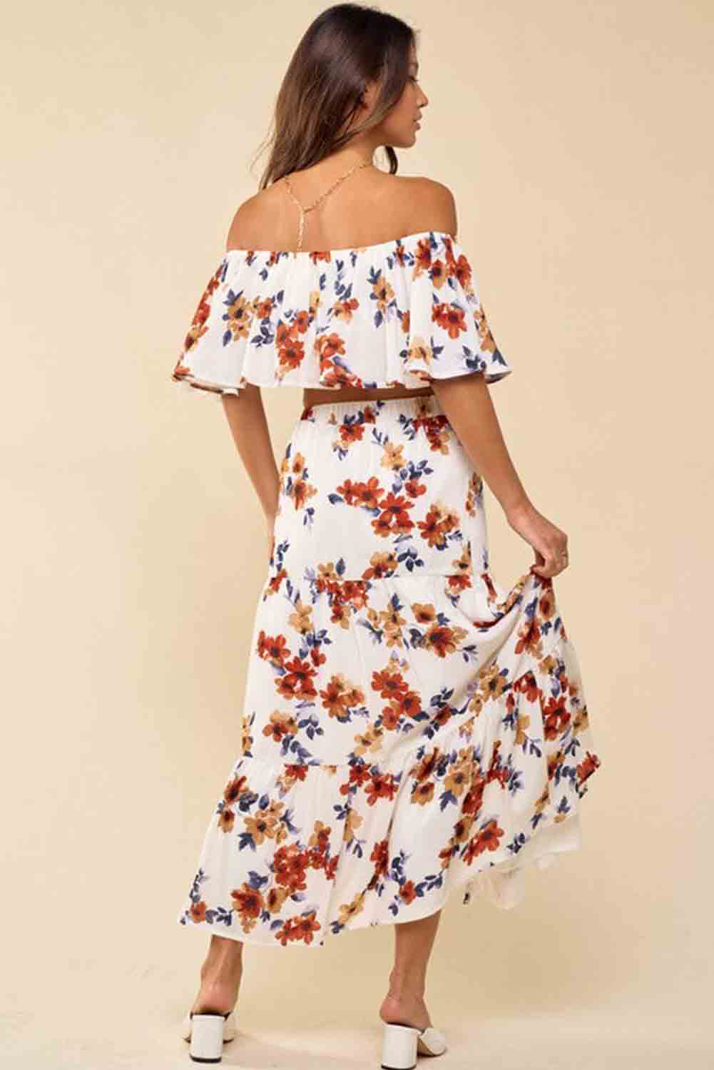 White Floral Print Off-shoulder Crop Top and Maxi Skirt Set Dresses JT's Designer Fashion