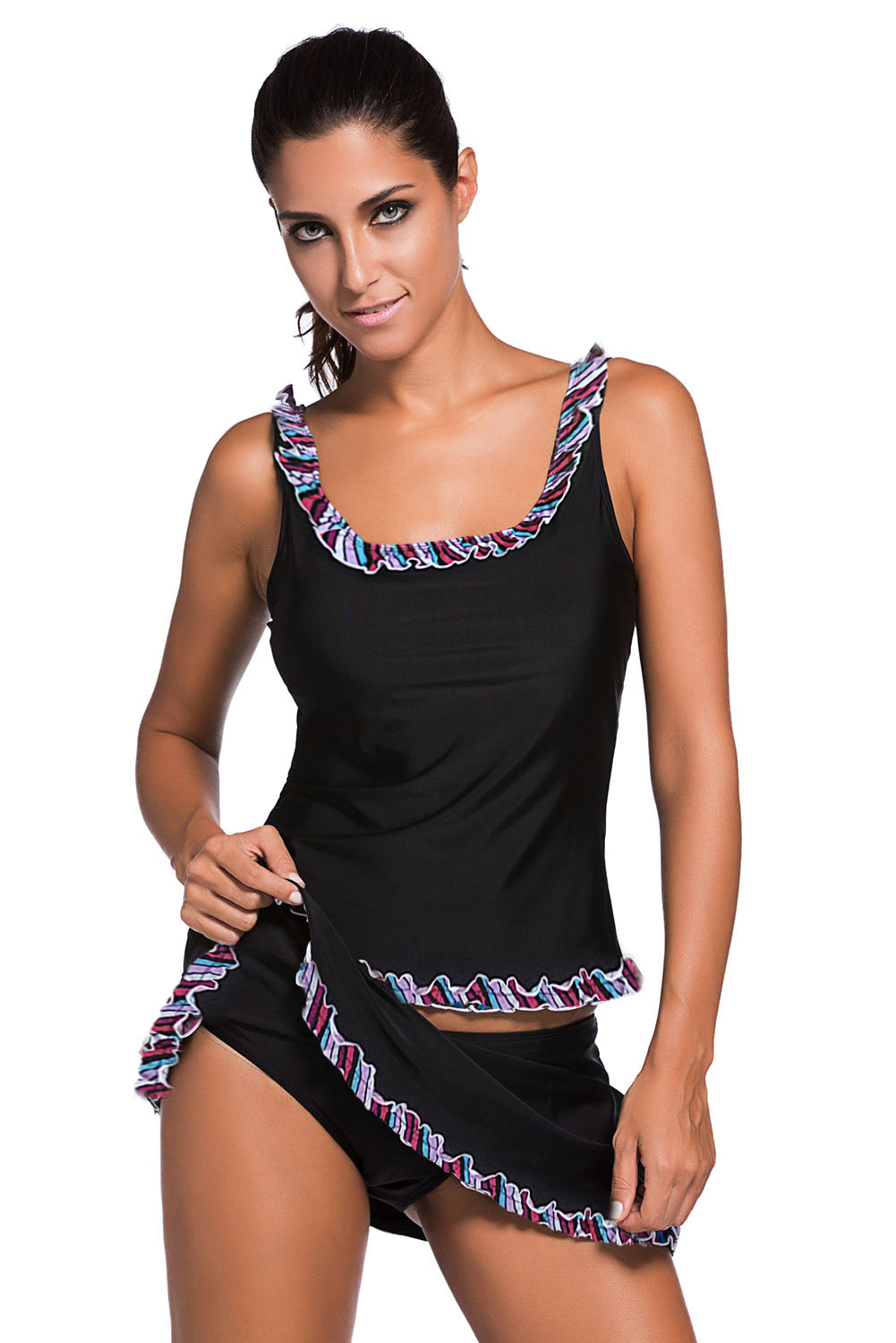 Ruffle Trim Black Active Tank Top and Skort Swimsuit as shown Polyester+Spandex Tankinis JT's Designer Fashion