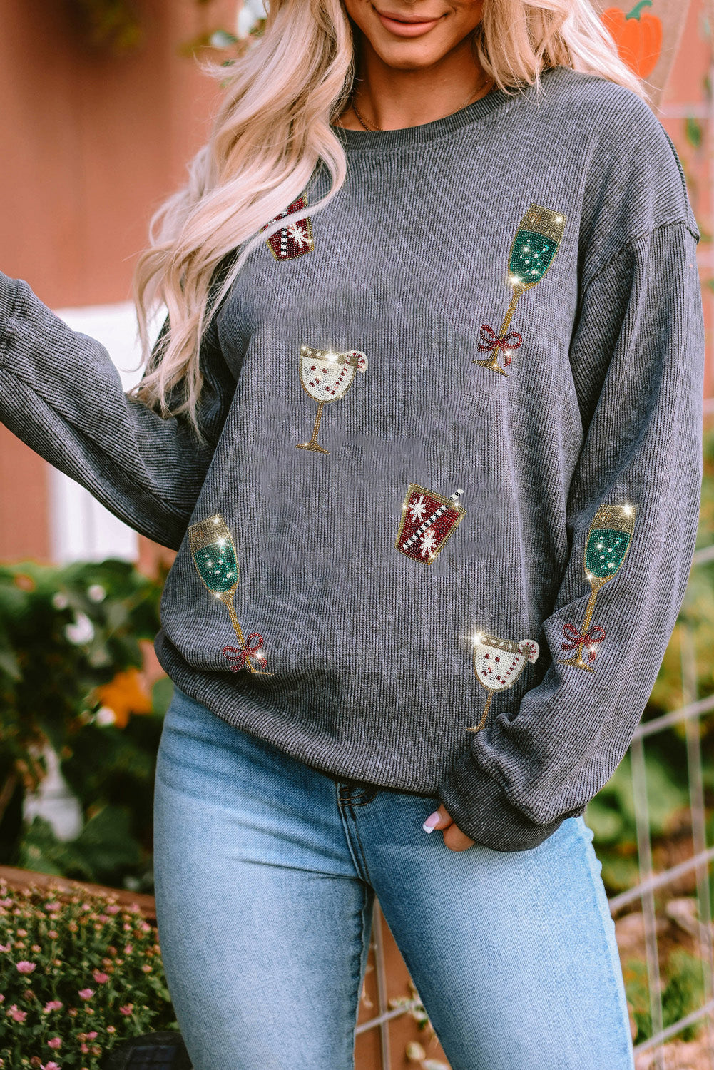 Gray Glitter Drinks Christmas Graphic Corded Sweatshirt Graphic Sweatshirts JT's Designer Fashion