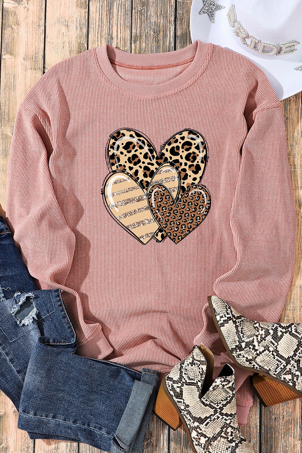 Pink Leopard Heart Shape Corded Loose Fit Sweatshirt Graphic Sweatshirts JT's Designer Fashion
