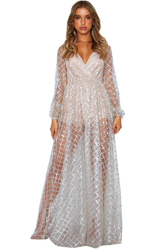 Silver Glittering Checked Pattern Sheer Gown Silver Evening Dresses JT's Designer Fashion