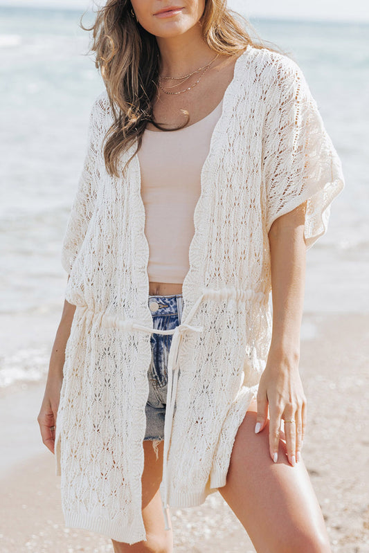 White Crochet Open Front Kimono with Slits Kimonos JT's Designer Fashion