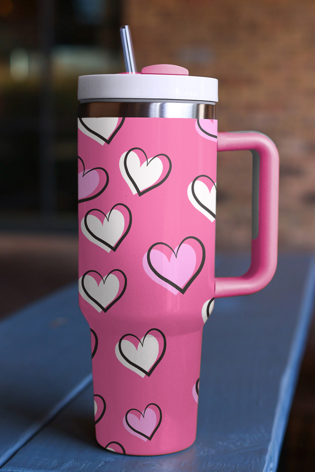 Rose Red Valentines Heart Printed Thermos Cup with Handle Tumblers JT's Designer Fashion