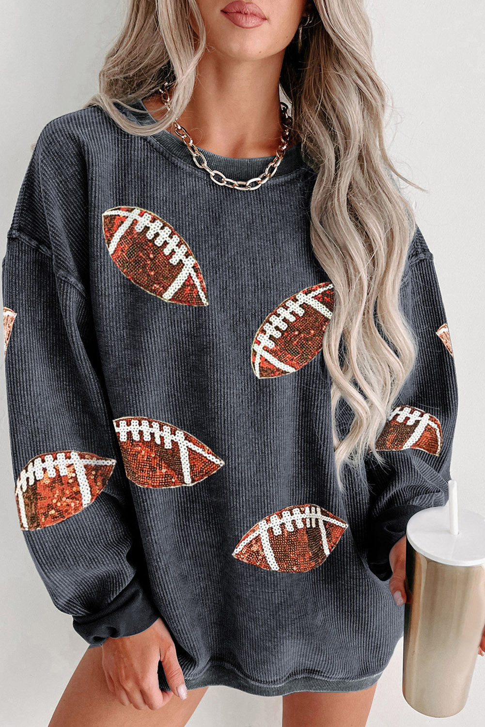 Gray Sequin Rugby Graphic Corded Baggy Sweatshirt Gray 100%Polyester Graphic Sweatshirts JT's Designer Fashion