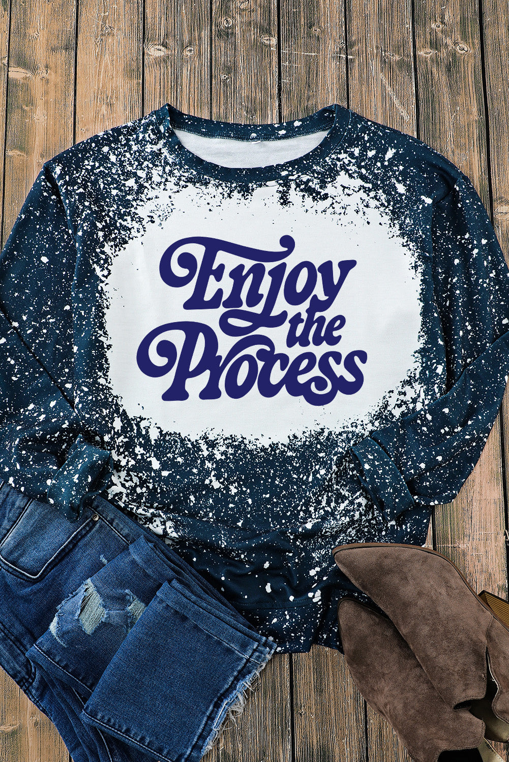 Blue Enjoy the Process Slogan Graphic Tie Dye Sweatshirt Graphic Sweatshirts JT's Designer Fashion