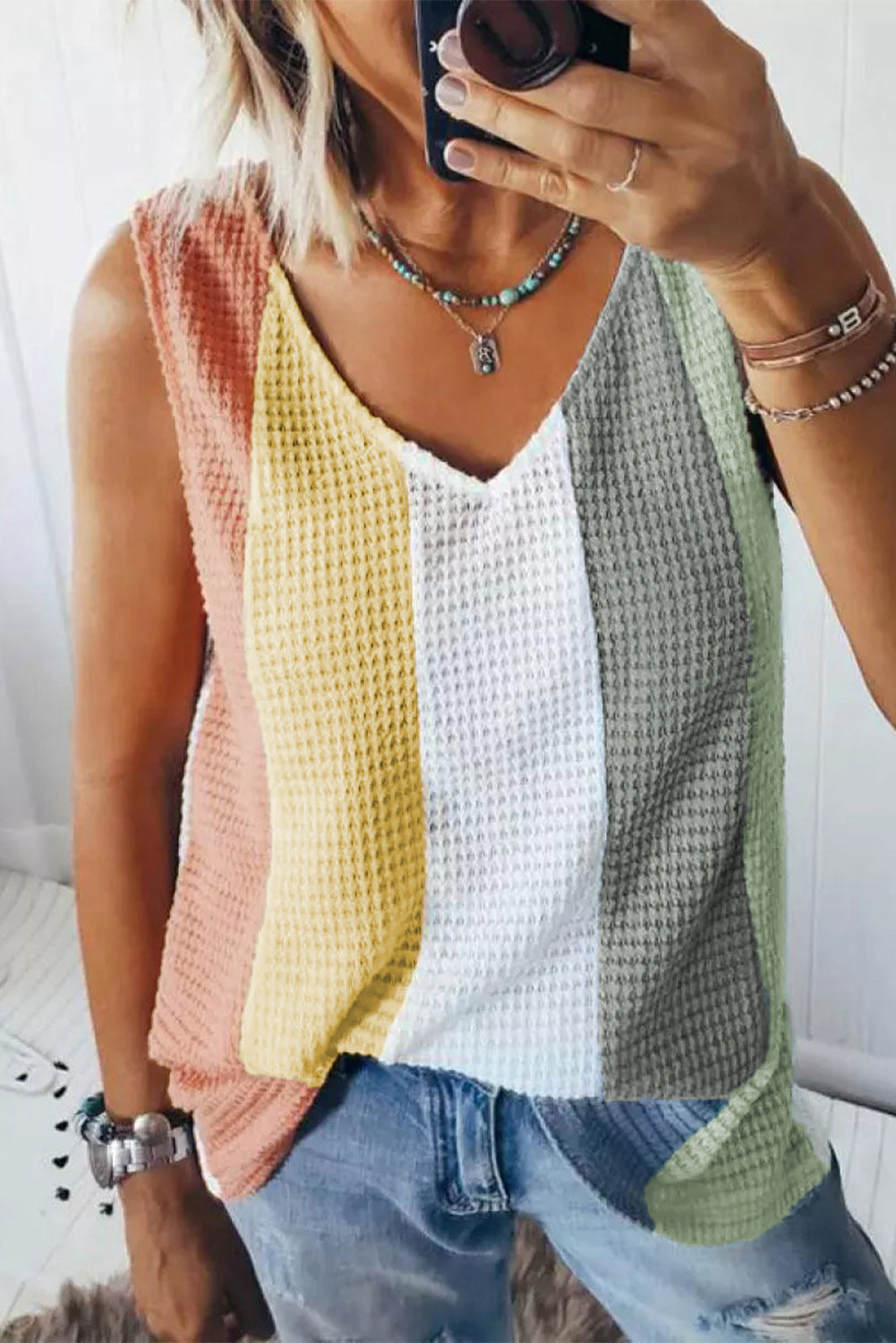 Multicolor Color Block V-Neck Waffle Knit Tank Top Tank Tops JT's Designer Fashion