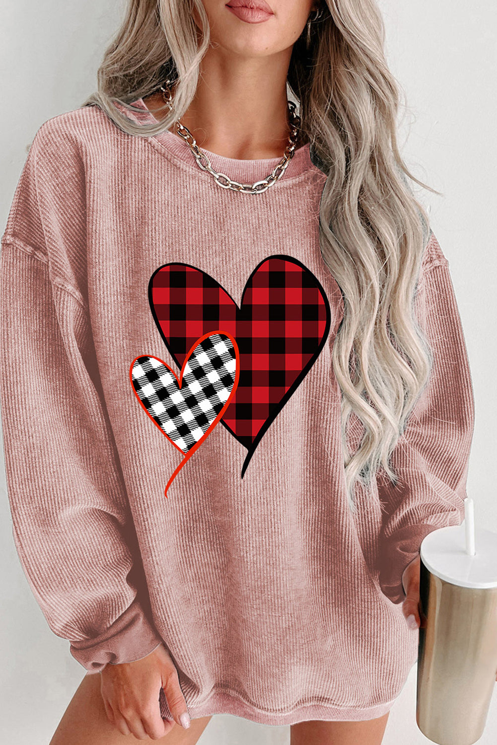 Pink Plaid Heart Print Corded Sweatshirt Pink 100%Polyester Graphic Sweatshirts JT's Designer Fashion