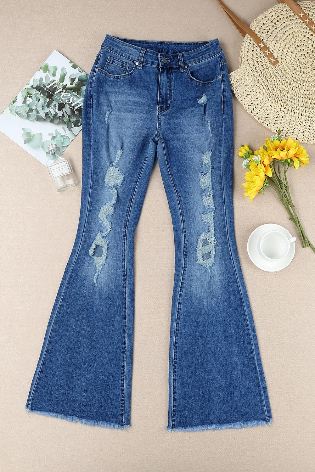 Sky Blue Distressed Raw Hem High Waist Flare Jeans Jeans JT's Designer Fashion
