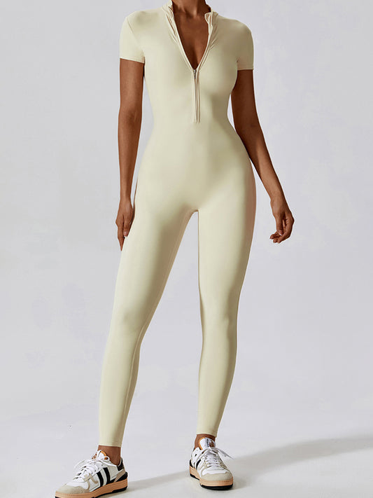 Basic Bae Half Zip Short Sleeve Active Jumpsuit Pastel Yellow Jumpsuits & Rompers JT's Designer Fashion