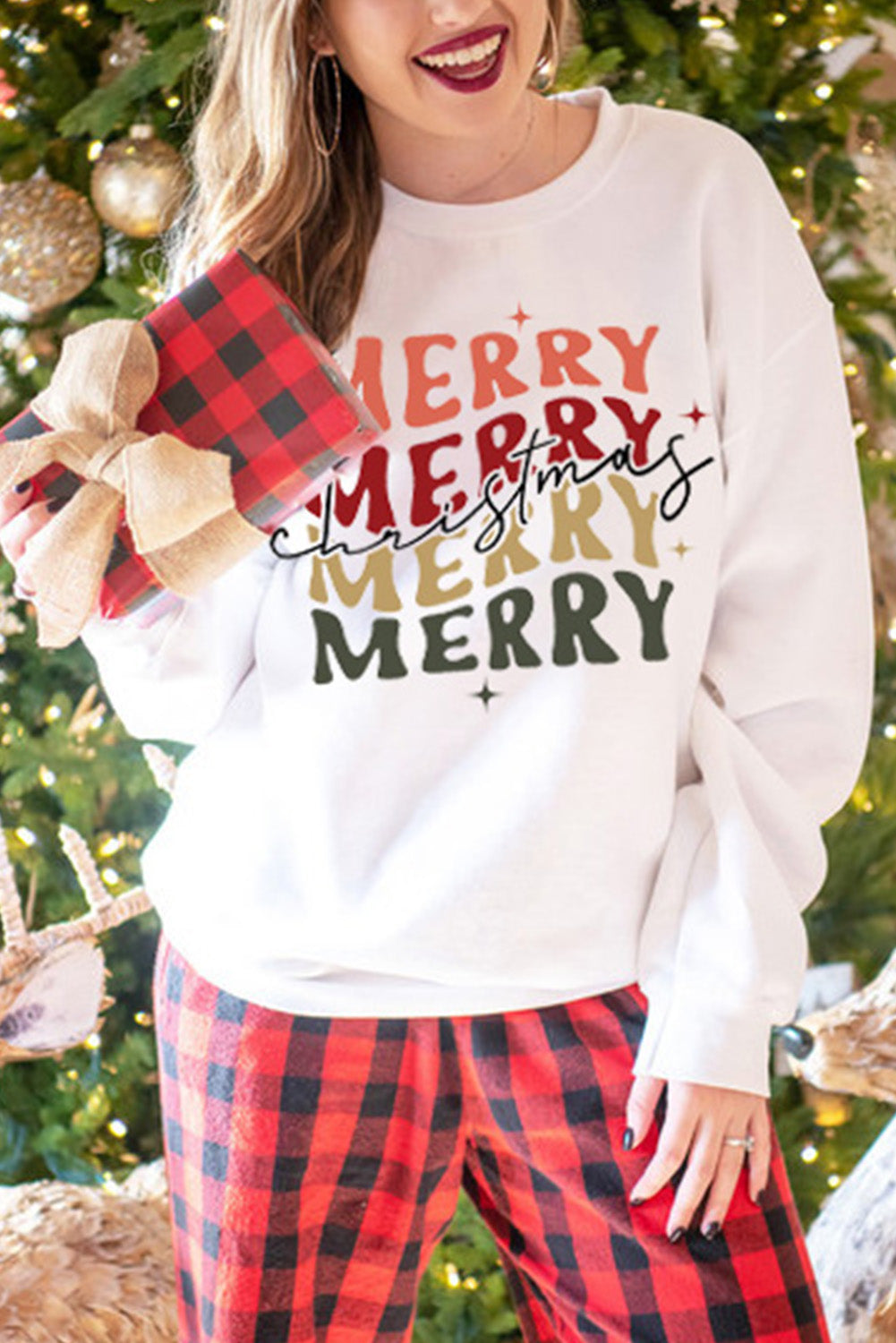 Beige MERRY Christmas Letter Graphic Print Pullover Sweatshirt Graphic Sweatshirts JT's Designer Fashion