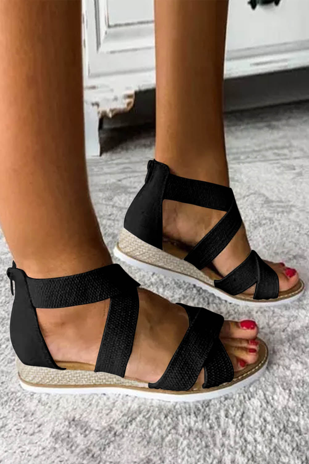 Black Criss Cross Strappy Zipped Low Wedge Sandals Sandals JT's Designer Fashion